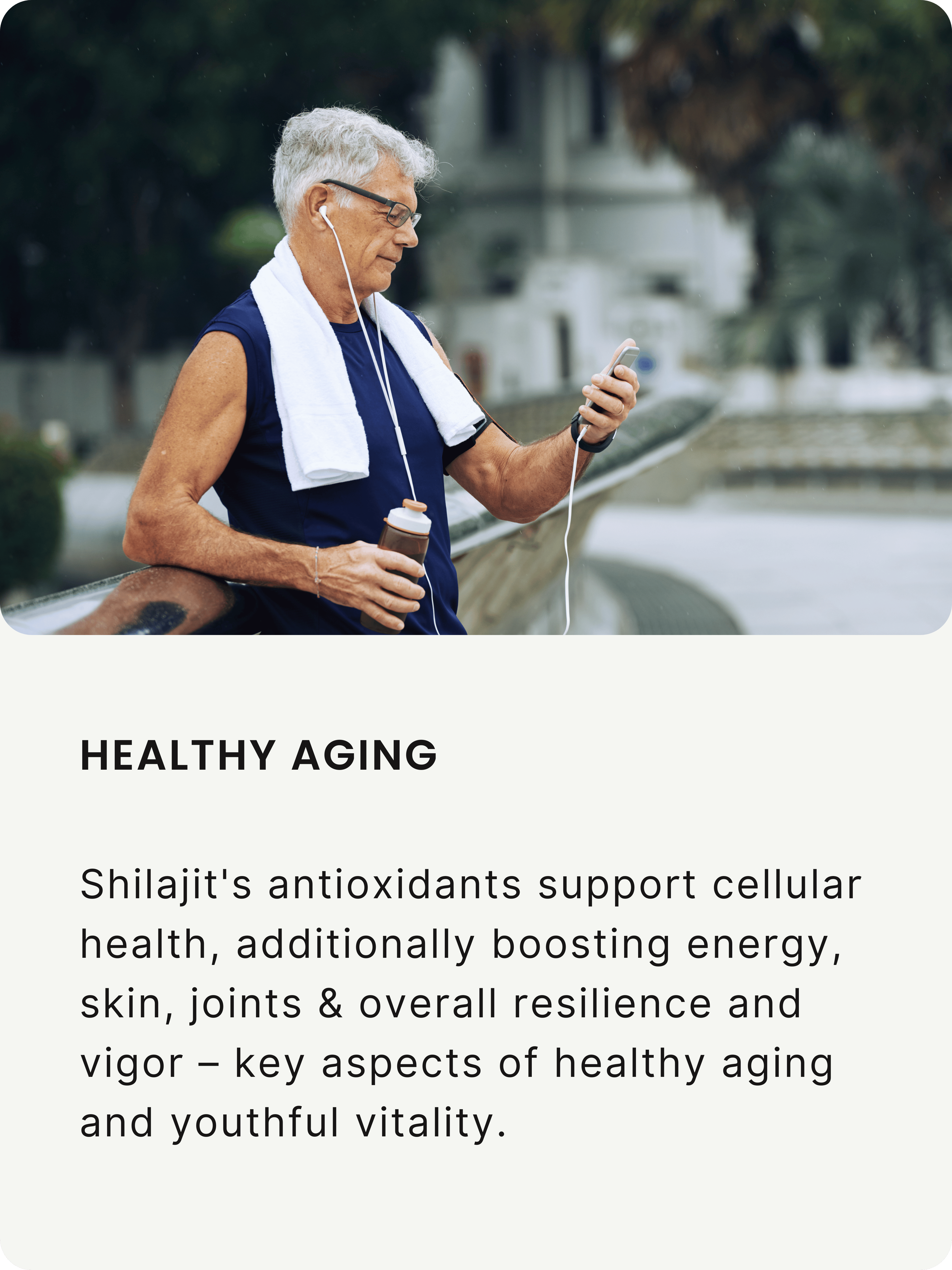 Zenbioni Shilajit for Healthy Aging. Active senior man walking with phone and water bottle.