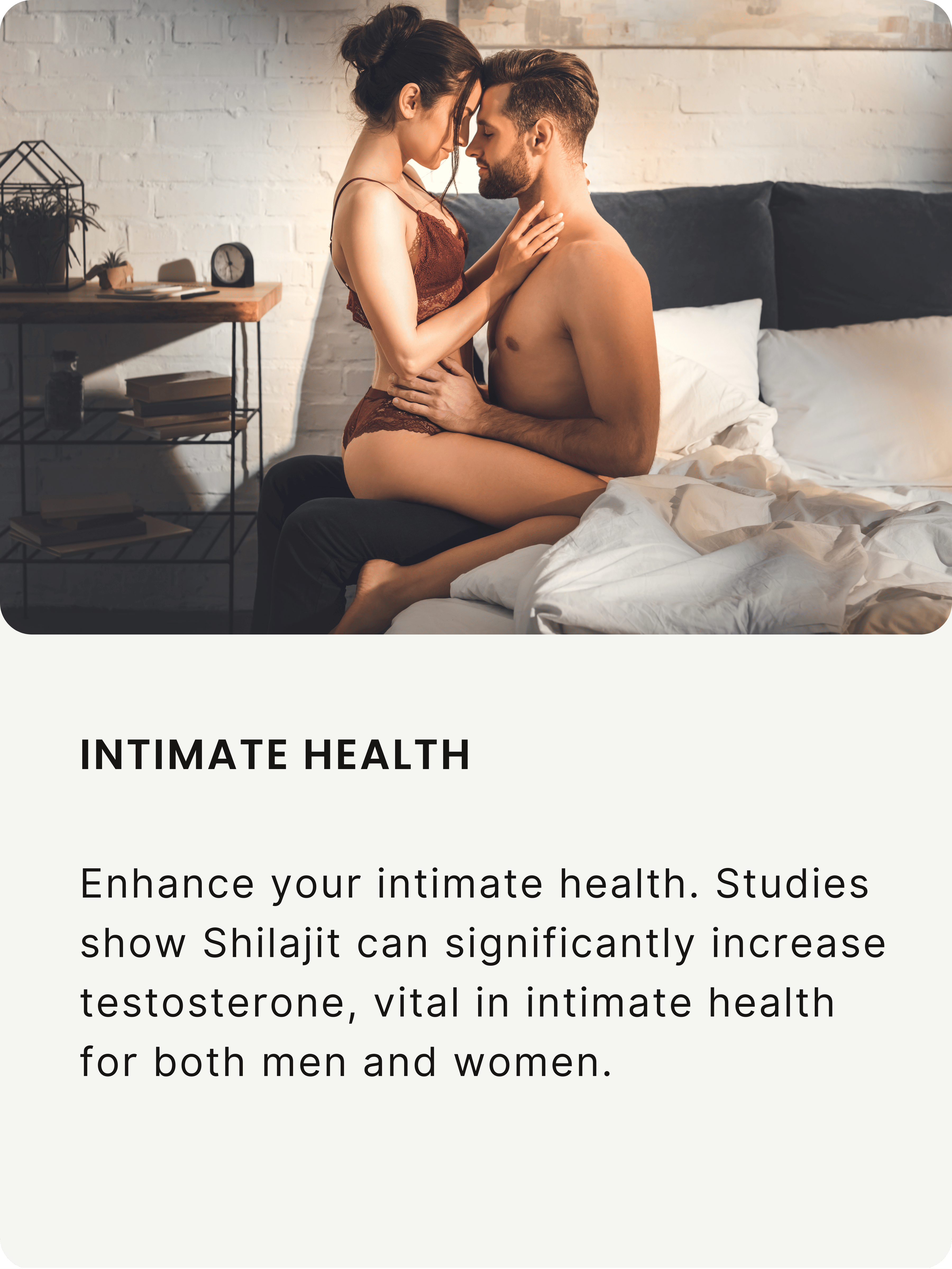 Zenbioni Himalayan Shilajit for Intimate Health. Couple embracing in bedroom setting.