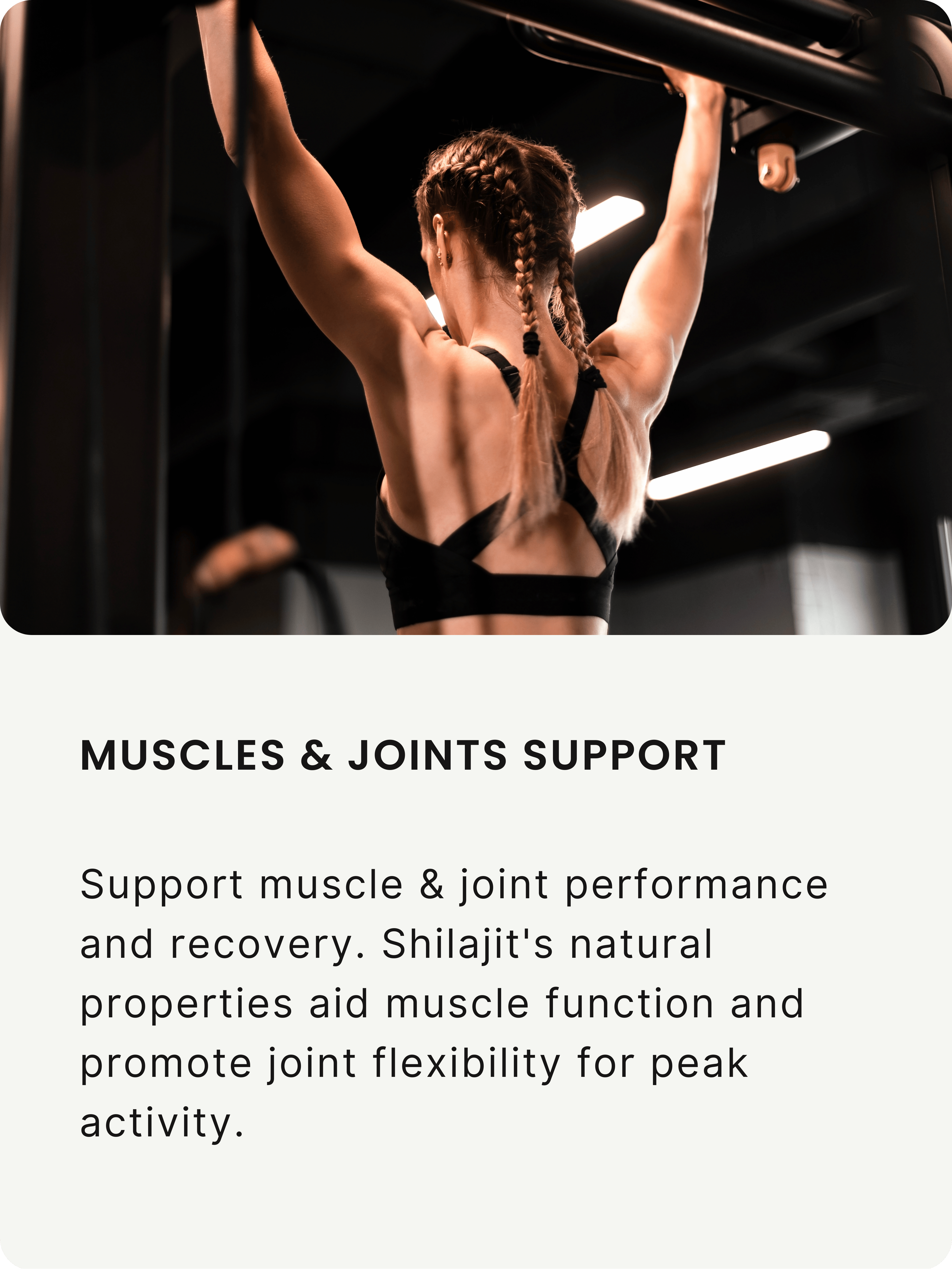 Zenbioni Shilajit Resin for Muscle & Joint Support. Fit woman doing pull-ups.