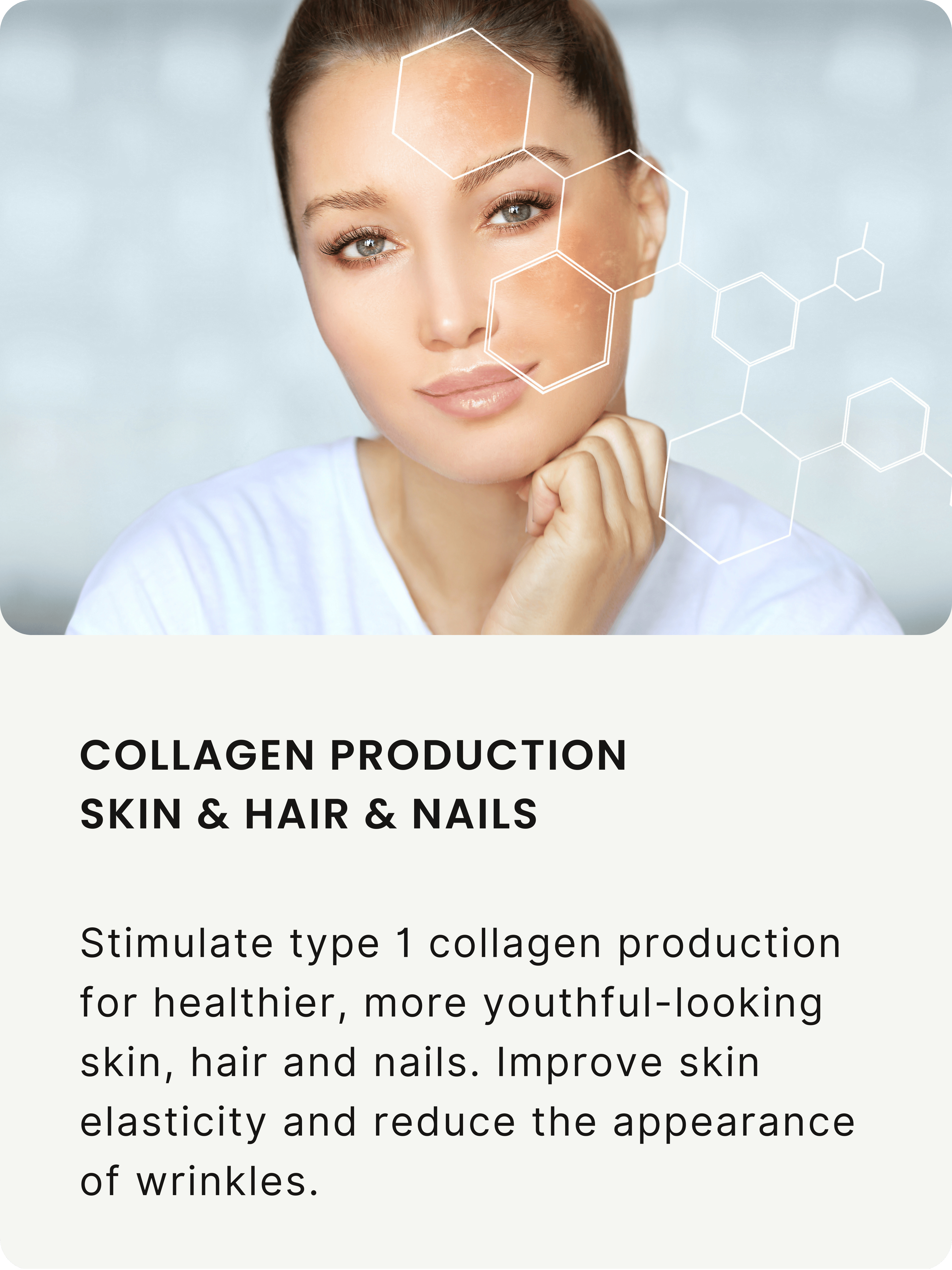 Zenbioni Shilajit for Natural Collagen Production, Skin, Hair & Nails. Woman's face with collagen graphic overlay.