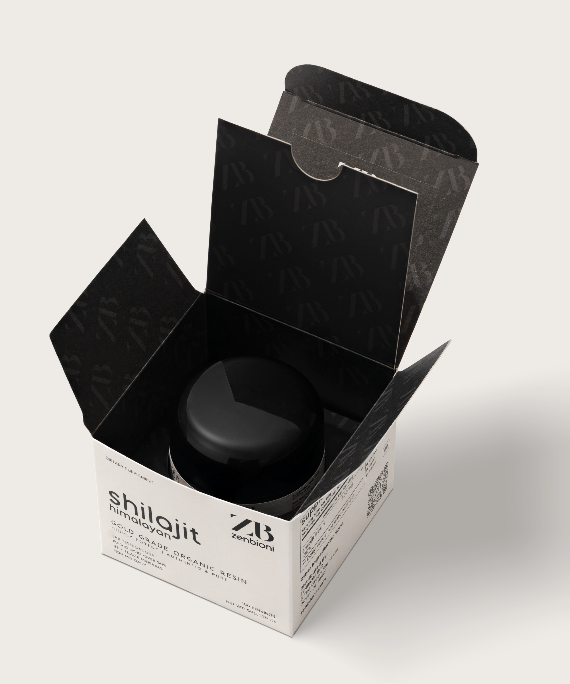 Zenbioni Himalayan Organic Shilajit - Product packaging. Image of open box with Shilajit resin jar inside, showcasing packaging design.