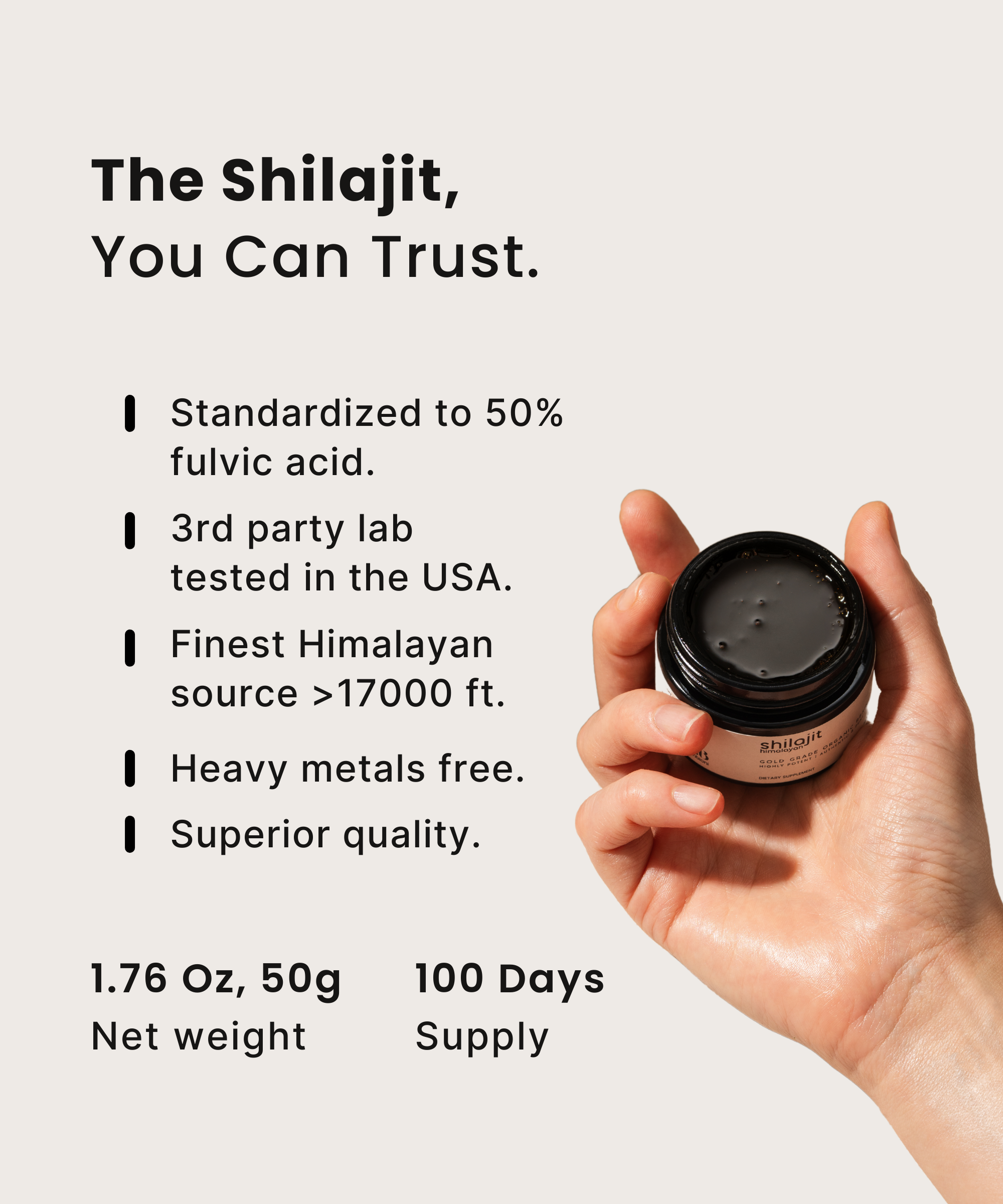 Zenbioni Himalayan Shilajit - The Shilajit You Can Trust. Hand holding jar of Shilajit resin.