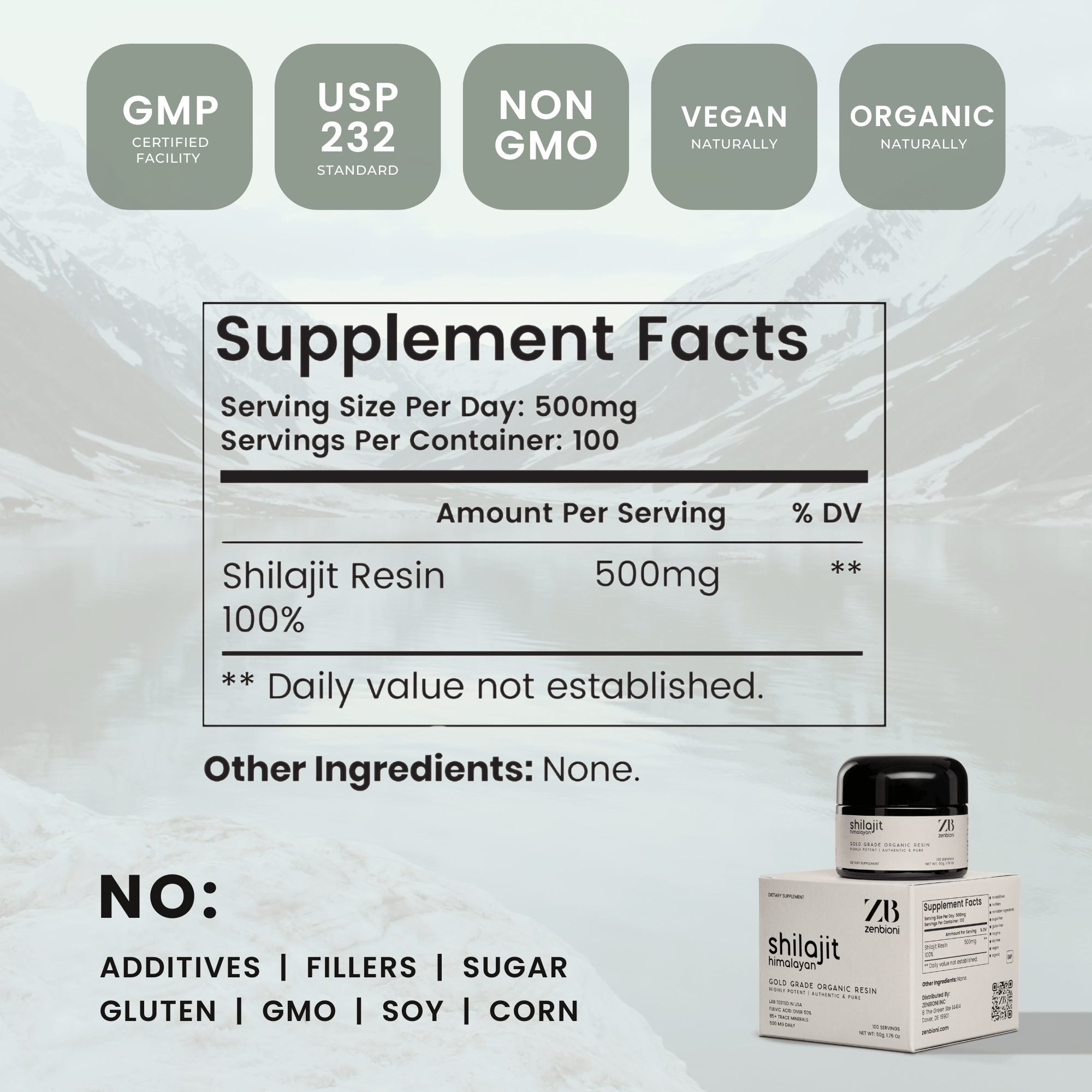 Zenbioni Shilajit Supplement Facts label. Highlights pure ingredients and no additives, fillers, sugar, gluten, GMO, soy, or corn.